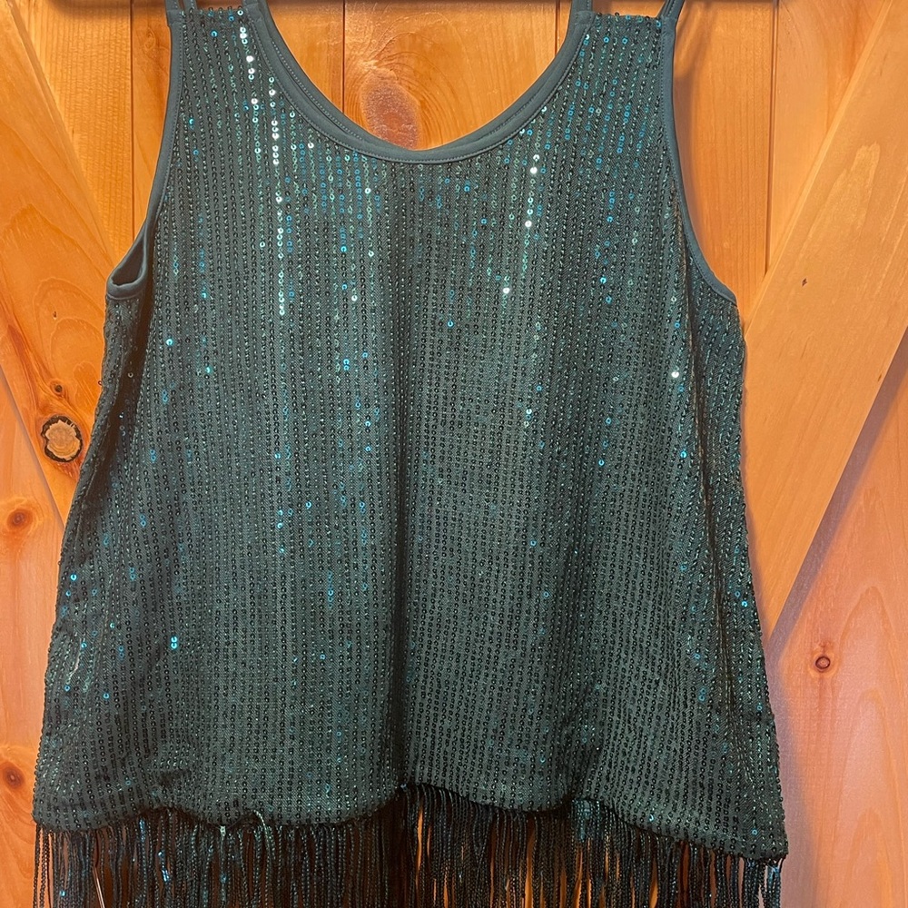 Sequin Fringe Tank Top - Green